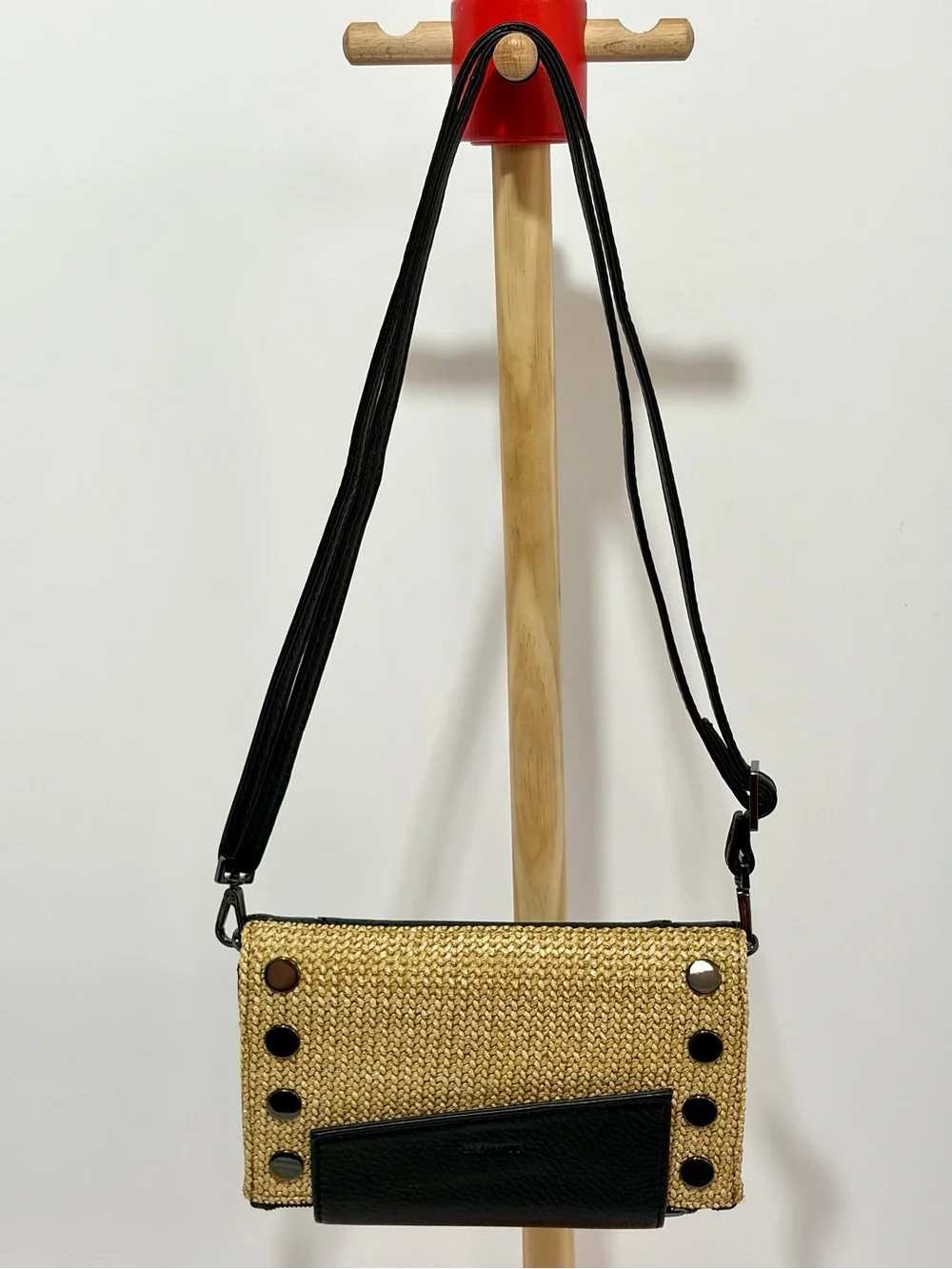 Hammitt Levy Leather Wallet/Crossbody in Chaparral Raffia With Gunmetal Hardware